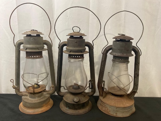 Antique Trio of Dietz Hurricane Railroad Train Lanterns No. 2 Blizzard, F.O.K. & Co., No. Cold Blast