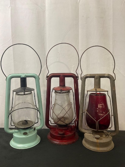 Antique Trio of Railroad Train Lanterns, Pritchard Strong, Paulls no.1, Dietz Red Globe