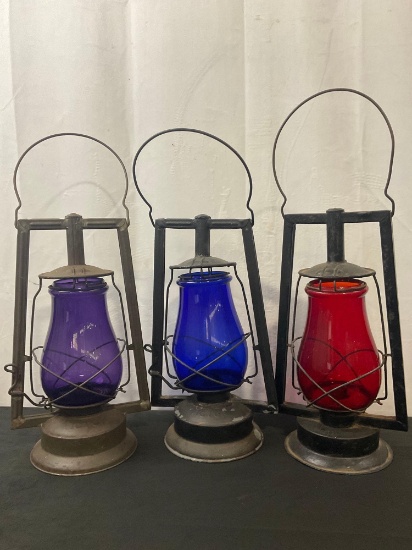 Antique Railroad Train Lanterns w/ colored globes, Guard lift no.0, 2x Victor Dietz