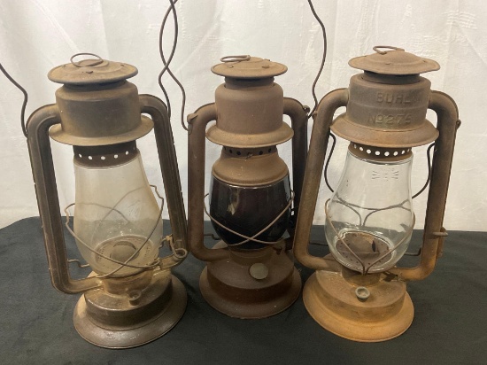 Antique Trio of Railroad Train Lanterns, Marswell, Buhl, Ambury Hurricane Lamps