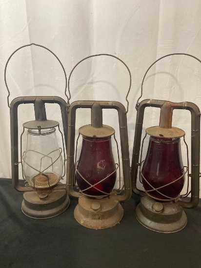 Antique Railroad Train Lanterns, Pair of Red Globe Dietz Monarch & Dietz Hy-Lo