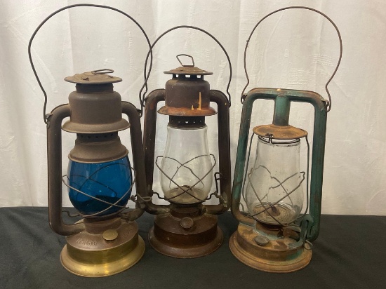 Antique Trio of Railroad Train Lanterns, Ambury No.160 Supreme & No.240, and Paulls No. 0