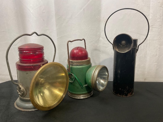 Antique Electric Railroad Train Lanterns, Pair of Delta & 1x Fuse