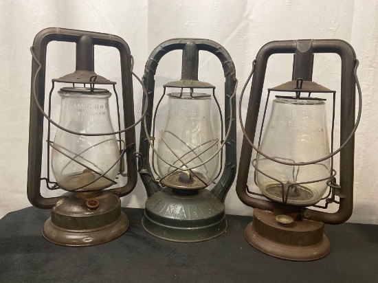 Antique Trio of Railroad Train Lanterns, no. 0 Clipper, Rayo no.75, Dietz Monarch