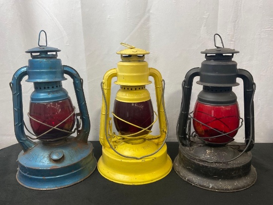 Antique Trio of Dietz Railroad Train Lanterns w/ Red Globes, 2x Little Giant & 1x No. 100