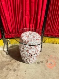 Ceramic glass top plant stand / end table with white a red rose motif in barrel shape