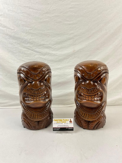Pair of Ceramic Tiki Figurines Painted to look Wooden. 11" x 6". See pics.