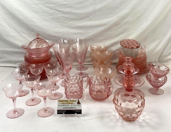 53 pcs Antique Pink Depression Glass Art Deco 1920s. Sorbet bowls, candlestick holders, see pics.
