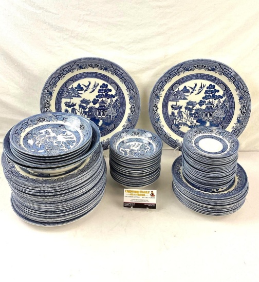 65 pcs Churchill Fine Porcelain Dinner Set w/ Blue & White Oriental Pattern. See pics.