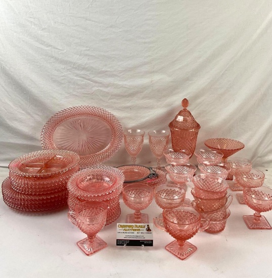 40 pcs Pink Depression Glass. 1920s Art Deco pattern. Candy Holder, Appetizer plate, see pics.
