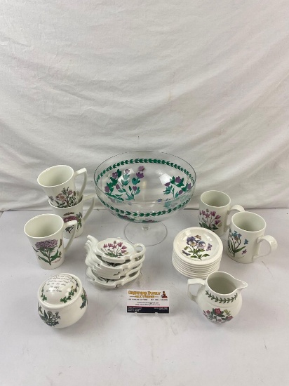 Assorted Portmeirion China Tea Set. Mugs, Saucers, Sugar bowl, creamer, Place settings. See pics.
