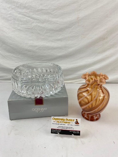 2 Glass Vases 1 Amber Carnival Glass by Fenton, 1 Leaded Crystal Glass by Gorham. See pics.