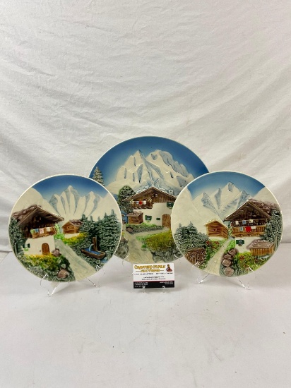 3 Decorative Painted Western Germany Porcelain Plates depicting Village Scenes. See pics.
