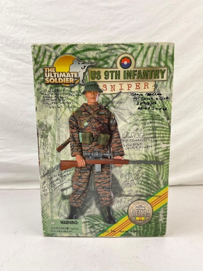 The Ultimate Soldier Vietnam US 9th Infantry Sniper Doll. Box signed by company members. See pics.