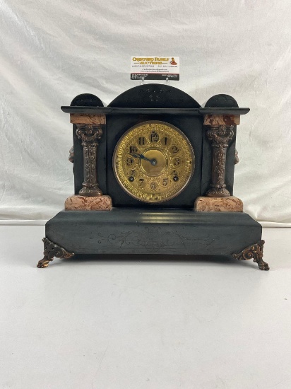 Antique 1880s Carved Stone and Marble Desk Clock. See pics.