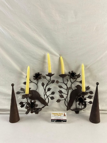 Pair of Metal Wall Mounted Candlestick Holders. Bird in Tree design. 2 dampers. See pics.