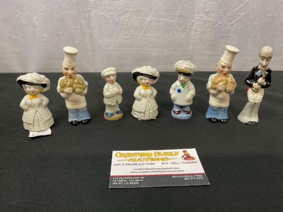 Wade Porcelain Pieces, Fishmonger, King, 2x Queen, 2x Chef w/ Turkey, Candlestick Maker