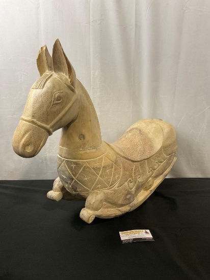 Handcarved and Pale White Stained Wooden Rocking Horse