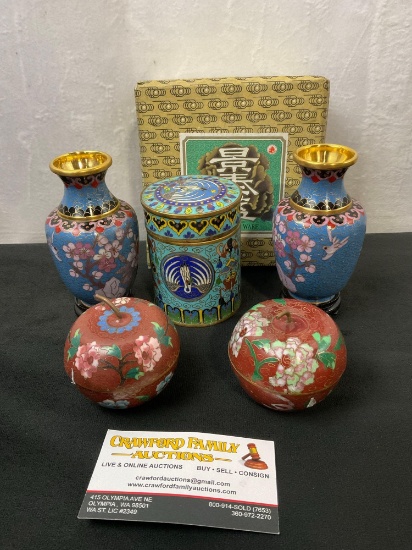 5 Chinese Cloisonne Pieces, Tea Box, Pair of Vases and Stands, Pair of Apple Shaped Jewelry Boxes