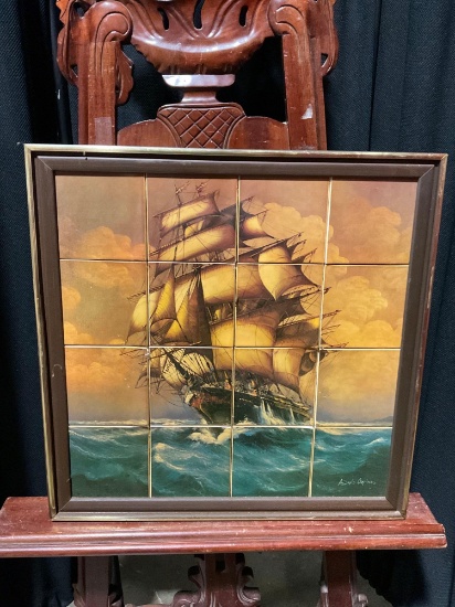 Tile Relief of Dual Mast Clipper Ship on Open Ocean signed Andres Orpinas - See pics