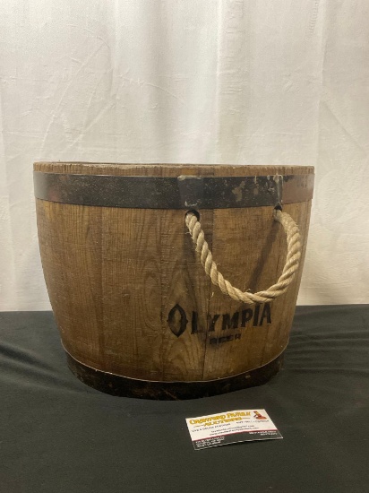 Solid Wood Olympia Beer Barrel Bucket, banded with iron