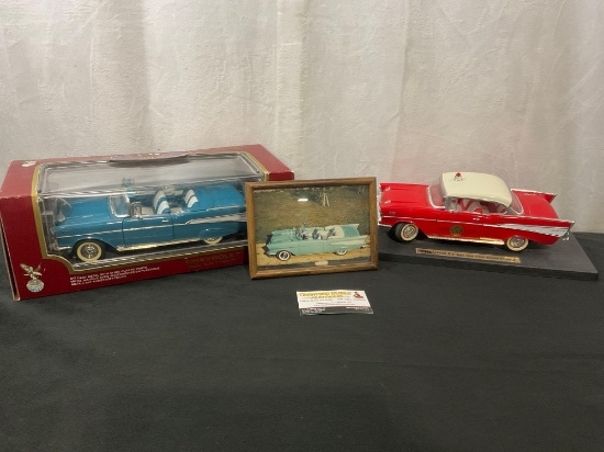 Pair of 1957 Chevrolet Bel Air Models, Fire Chief, and Blue w/ small matching framed picture