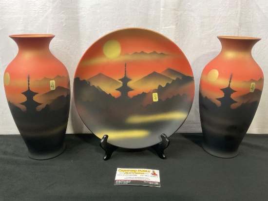 Trio of Mid Century Japanese Utsuwa Airbrush Pagoda Pieces, Pair of Vases, and a Display Plate