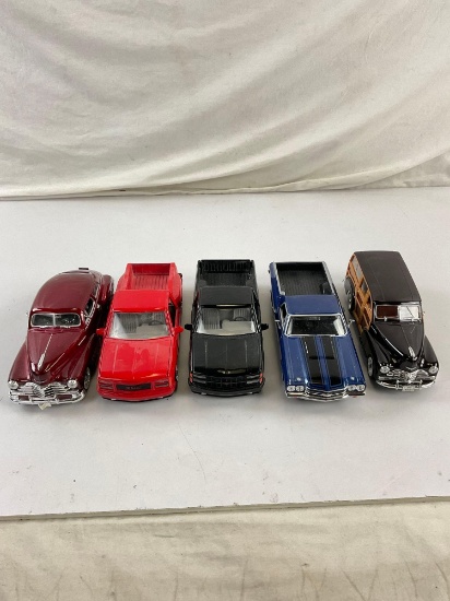 Collection of 5 Die Cast Metal Replica Cars & Trucks in 1/24 scale incl. GMC Sierra, 70' El Camino..
