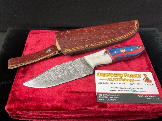 Handmade Damascus steel knife with black/white & Red/Blue Handle