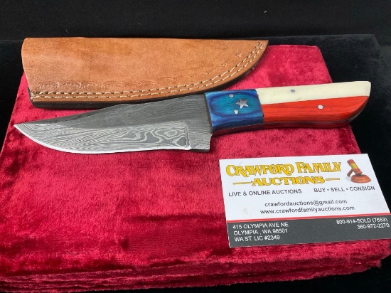 Handmade Damascus steel knife with Texas Themed Handle, Red/White/Blue