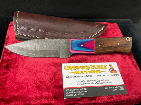 Handmade Damascus steel knife with Blue/Pink & Dark Stained Wooden Handle
