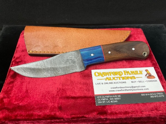 Handmade Damascus steel knife with Blue Tinted Wood / Darkly Stained Wood Handle