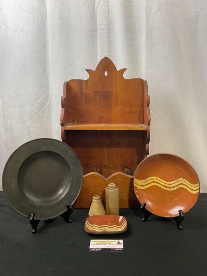 Antique Wooden Shelf and small collection of Dishware, some by Turtlecreek Pottery 2000