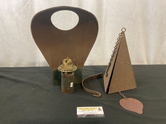 Sheet Metal Triangular Bell & Antique Hurricane style Lamp, no chimney