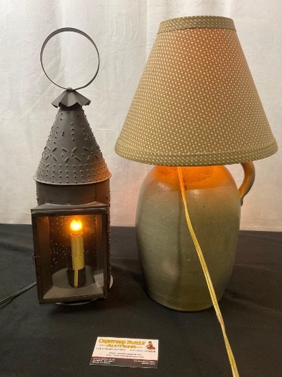 Primitive style Pair of Lamps, Punched Tin Metal Lamp & Salt Glazed Crock Jug