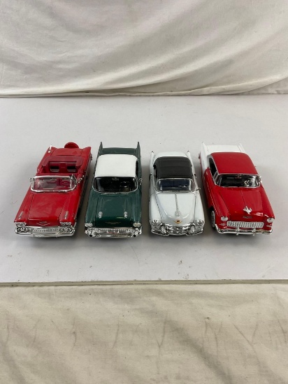 Collection of 4 Die Cast Metal Replica Cars in 1/24 scale incl. 57' & 55' Chevy Bel Air, 58'