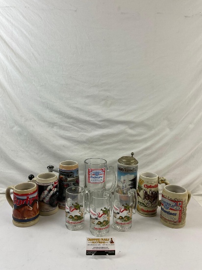 10 pcs Vintage Budweiser Collectible Cup Assortment. 6x Ceramic Steins, 4x Glass Steins. See pics.