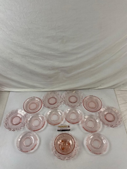 14 pcs Vintage Pink Depression Glass Small Plate Assortment. See pics.