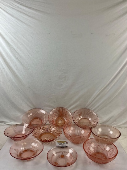 10 pcs Vintage Large Pink Depression Glass Serving Bowl Assortment. See pics.