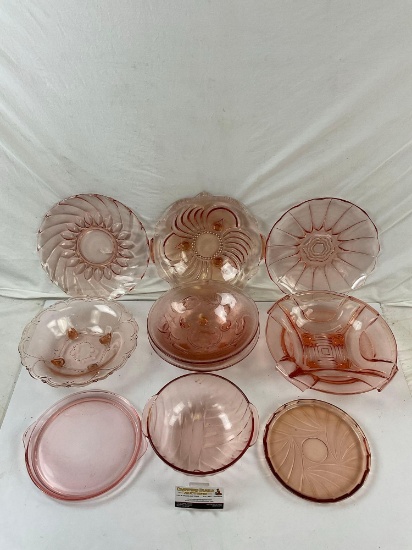 10 pcs Vintage Large Pink Depression Glass Assortment, Bowls & Plates. See pics.