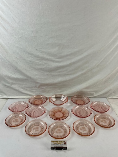 13 pcs Vintage Small Pink Depression Glass Plate & Dish Assortment. See pics.