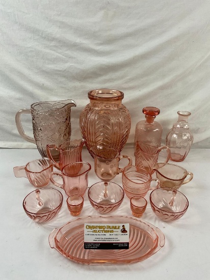 17 pcs Vintage Pink Depression Glass Pitcher & Vase Assortment. See pics.