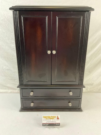 Contemporary Black Painted Jewelry Display Box w/ Mirror, Pullout Drawers & Hangers. See pics.