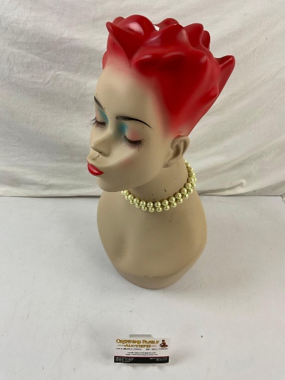 Vintage Painted Composite Mannequin Bust of a Woman w/ Red Hair & Glass Pearl Necklace. See pics.