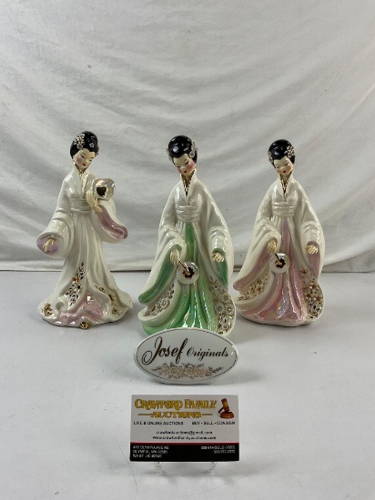 4 pcs Vintage Josef Originals Ceramic Figurines Assortment. 3 Asian Fan Ladies & Signature Plaque.