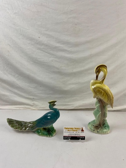 2 pcs Vintage Stewart B. McCulloch California Ceramic Bird Figurines. Peacock & Heron. See pics.