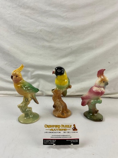 3 pcs Vintage Brad Keeler Ceramic Parrot Figurine Assortment. 2x Cockatoos, 1x Conure. See pics.
