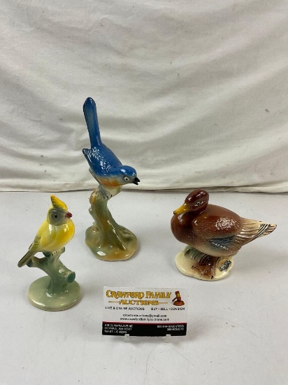 3 pcs Vintage Brad Keeler Ceramic Bird Figurine Assortment. Duck, Bluebird. No. 18, 50, 720. See