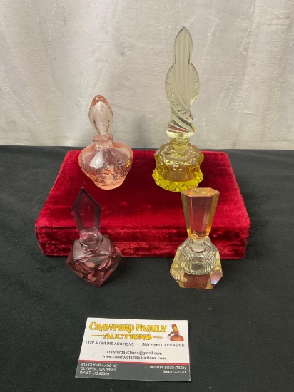 Collection of 4 Vintage/Antique Perfume Bottles, Pink/Orange/Yellow/Purple