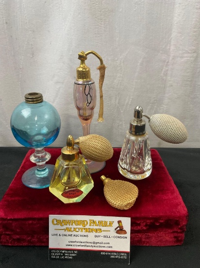 Collection of 4 Vintage/Antique Perfume Bottles, Holmspray, Bohemian handpainted & more